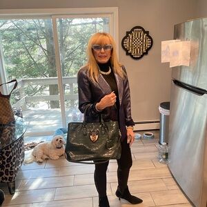 Ralph Lauren Black Croc-Embossed Tote with Gold Hardware